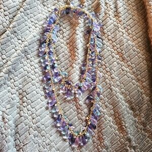 Elegant Gold Rhinestone Purple and Teal Beaded Teardrop Necklace 40-44 Inches
